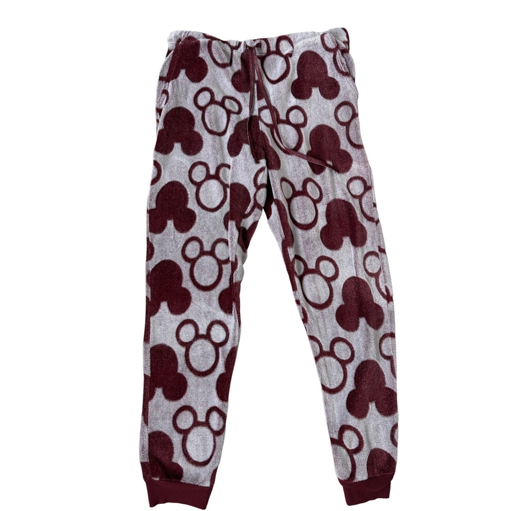 Disney Burgundy Lounge Mickey Mouse Plush Pajama Pants Grey Fleece Joggers L